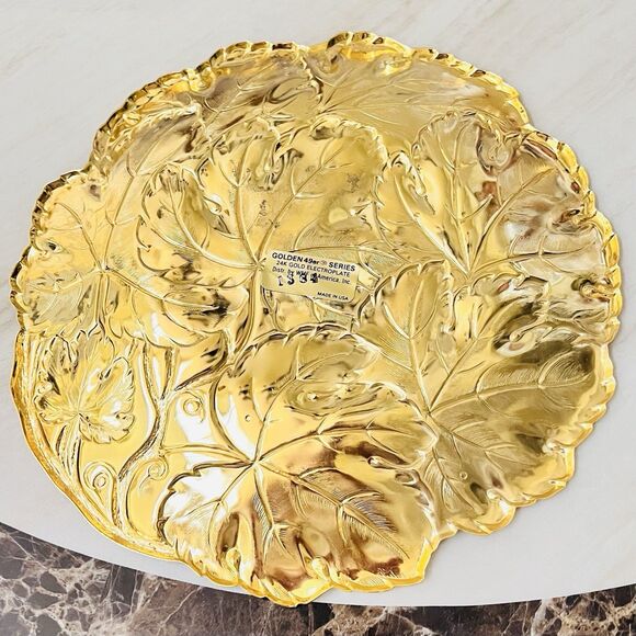 WMF GOLDEN 49er SERIES 24K GOLD ELECTROPLATE Leaves Round Hollwware Tray 10 3/8” - Picture 8 of 12